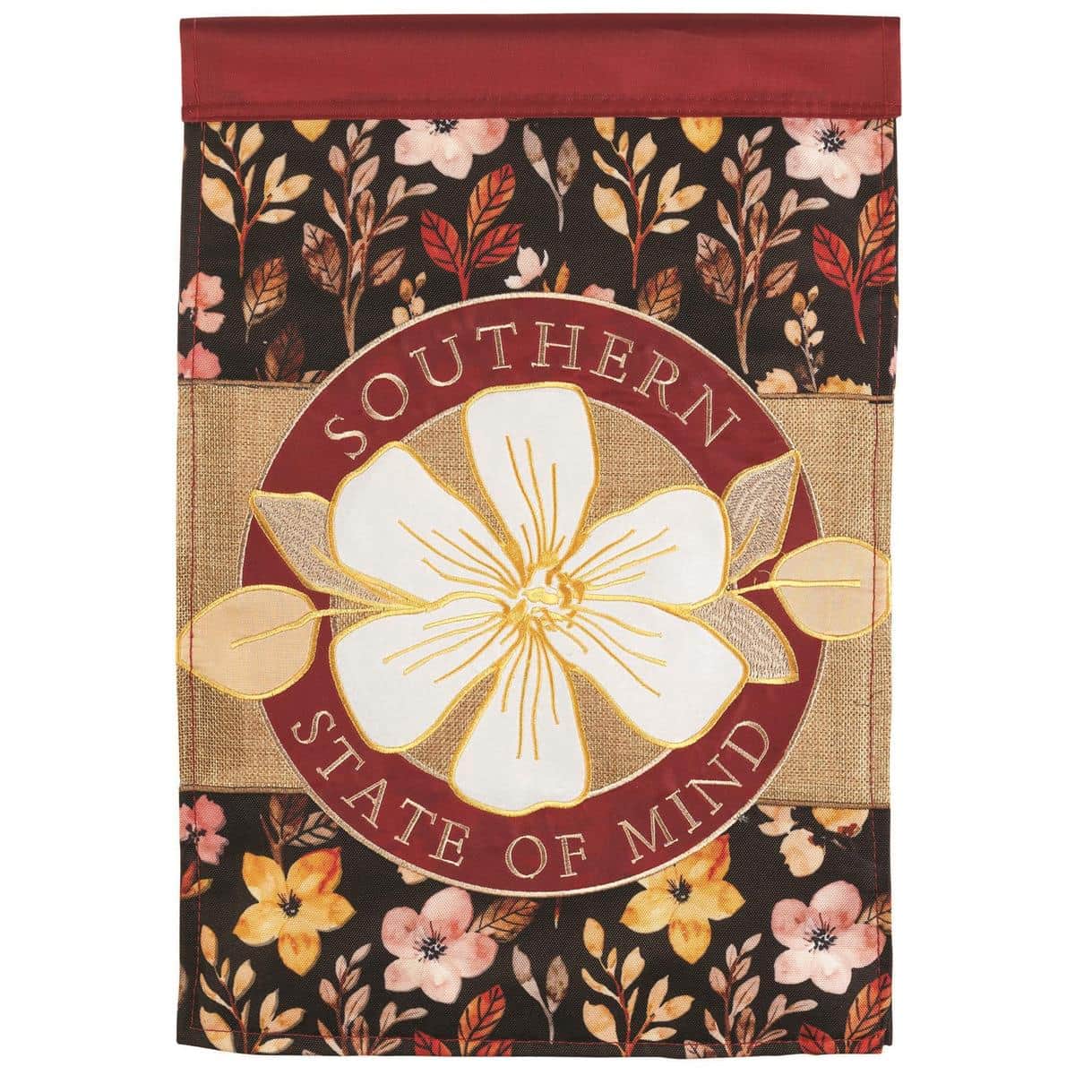 13x18 Southern State Of Mind garden flag showing layered applique state motifs, autumn leaves, and warm orange and burgundy palette hanging on a metal garden flag stand on a porch with seasonal pumpkins.