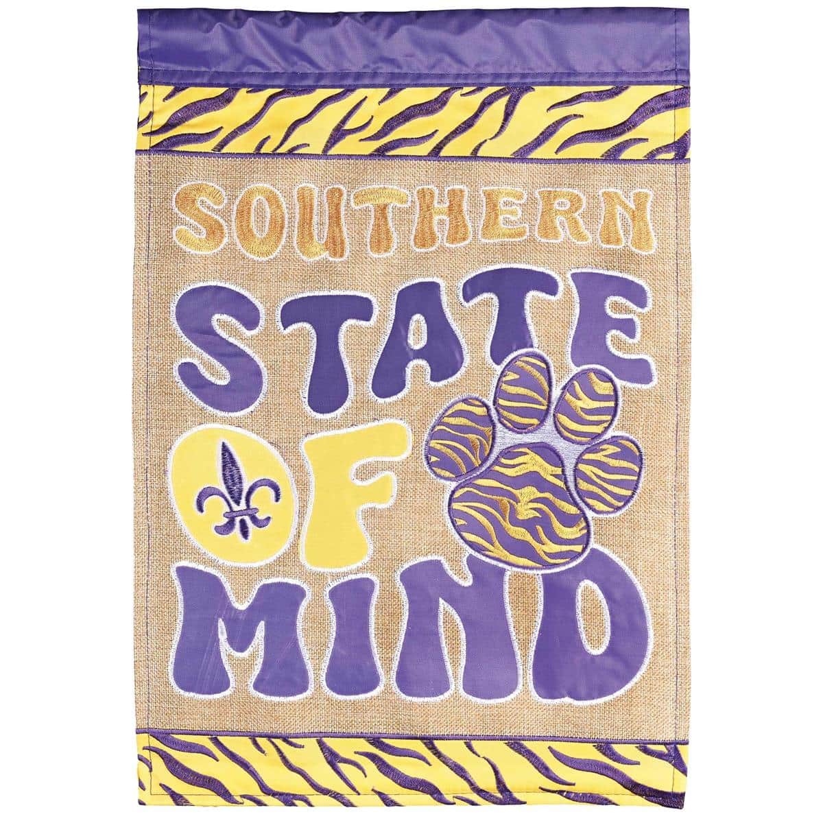 13x18 Southern State Of Mind garden flag with double applique state motif and southern script displayed on a porch flagpole and garden stake.