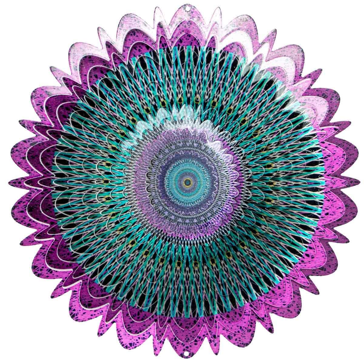 12-inch mandala galactic metal spinner features a cosmic, animated effect with vibrant colors, adding dynamic motion and elegance to your garden or patio decor.