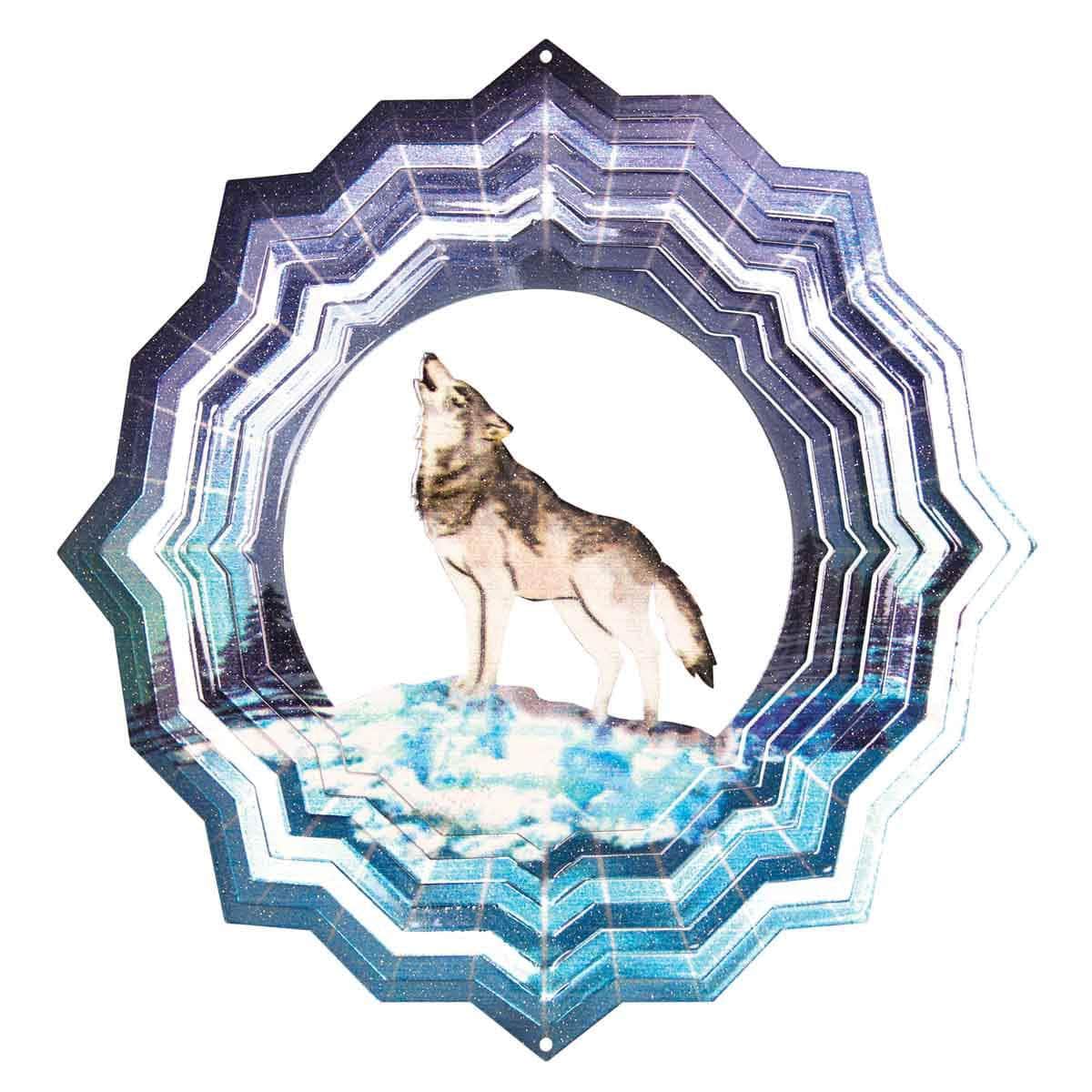 12-inch wolf metal spinner creates an animated effect, adding bold color and dynamic motion to your garden, patio, or outdoor decor with a powerful wolf design.