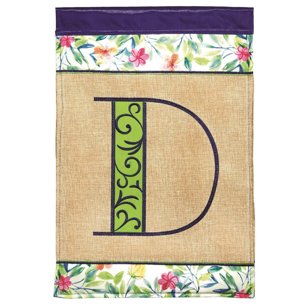 Main product image showing a 13x18 Spring Burlap Monogram-D garden flag with textured burlap background, centered applique letter D, soft spring floral accents, visible stitched edges and sleeve for garden pole mounting