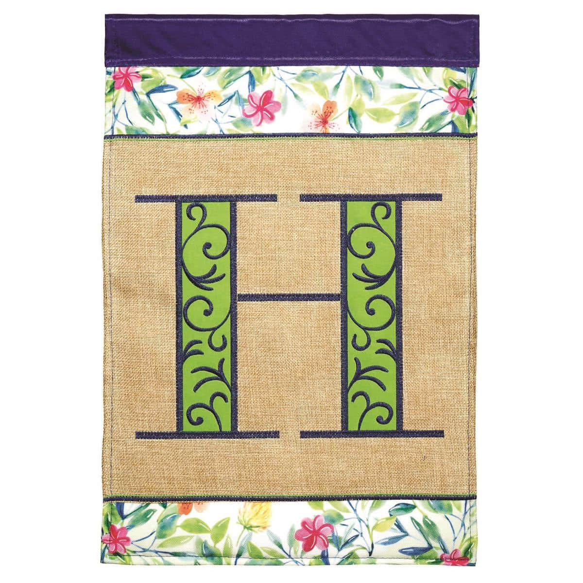 Close-up of Spring Burlap Monogram-H 13x18 garden flag showing double applique floral details, centered stitched monogram H, and rustic burlap texture ready for display on a garden pole.
