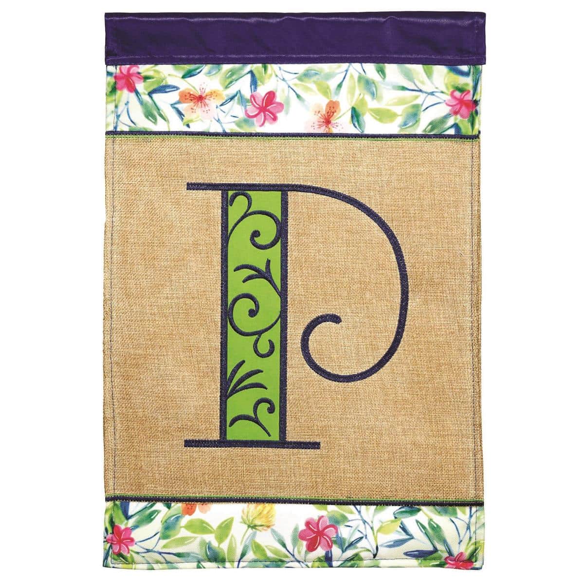 Close-up photo of Spring Burlap Monogram-P 13x18 garden flag showing textured burlap background, raised double applique letter P, spring accents, and stitched edge ready for display on a garden stand