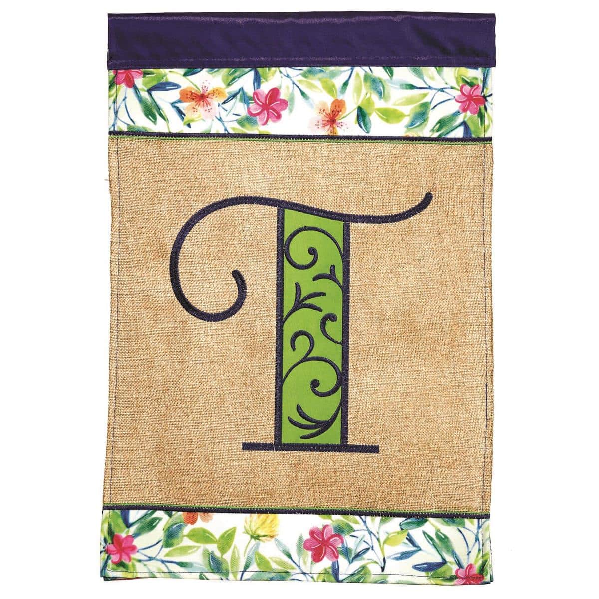 13x18 Spring Burlap Monogram-T garden flag with double-applique burlap texture, stitched letter T and spring floral accents ready for porch pole display.