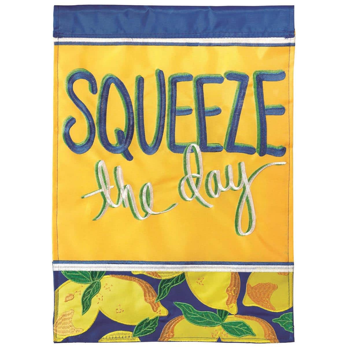 Close-up of Squeeze The Day 13x18 garden flag with layered double applique lemons, green leaves, and stitched script displayed on a standard iron stand outdoors.