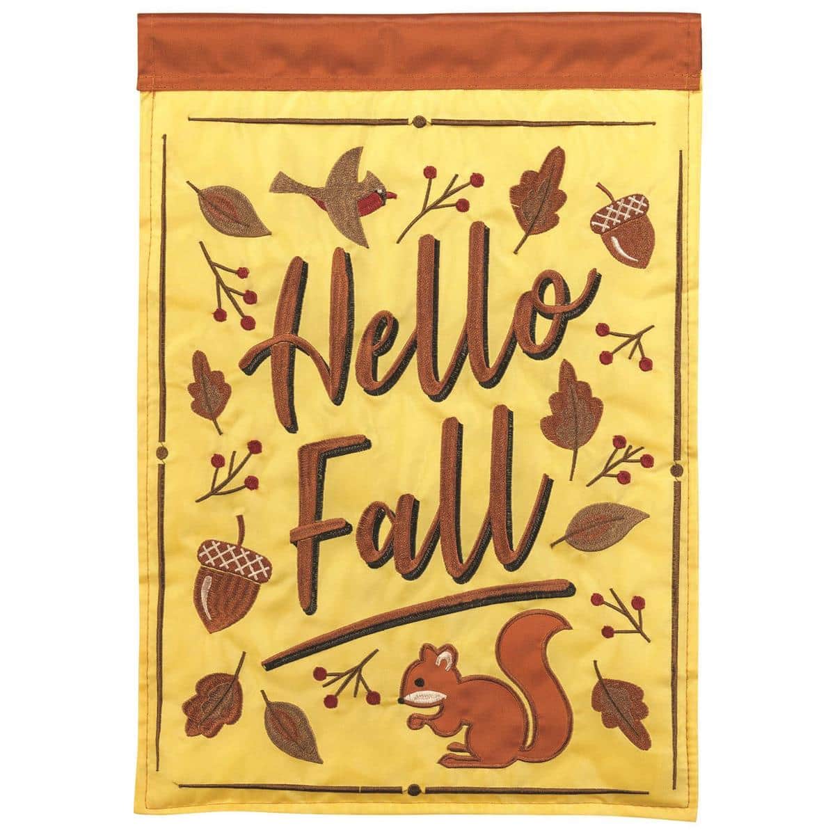 Close-up photo of the 13x18 Squirrel Hello Fall garden flag showing a friendly squirrel holding a Hello sign among colorful autumn leaves and acorns, double applique layers and stitching visible on a textured background.