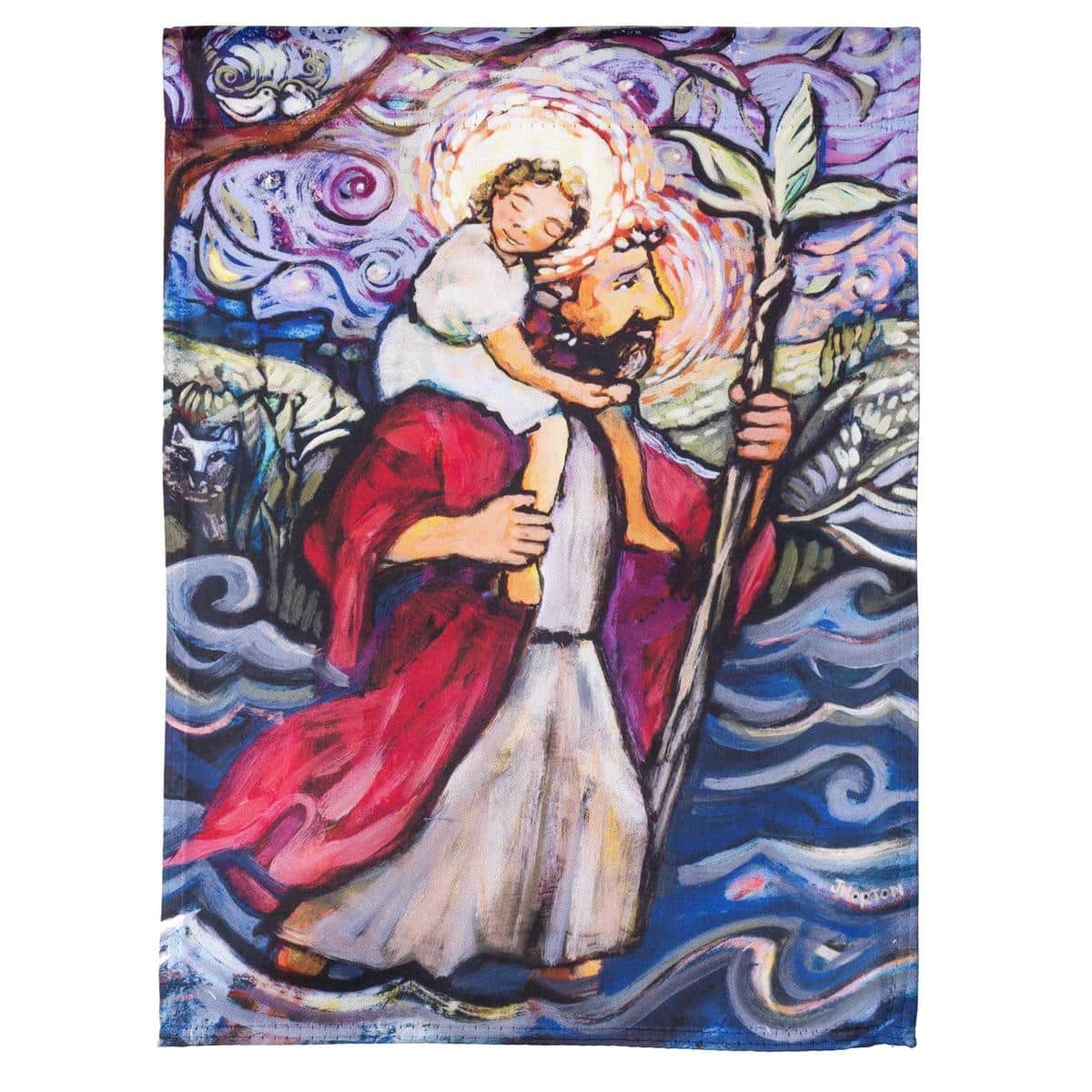 Printed 13x18 St Christopher garden flag showing Saint Christopher carrying the Christ child with decorative border, Catholic outdoor flag with clear saint image and hanging sleeve.