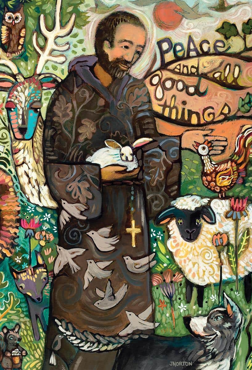 13x18 printed garden flag showing Saint Francis surrounded by birds and small animals in a peaceful outdoor scene, Catholic devotional design on weather-resistant fabric suitable for garden display.