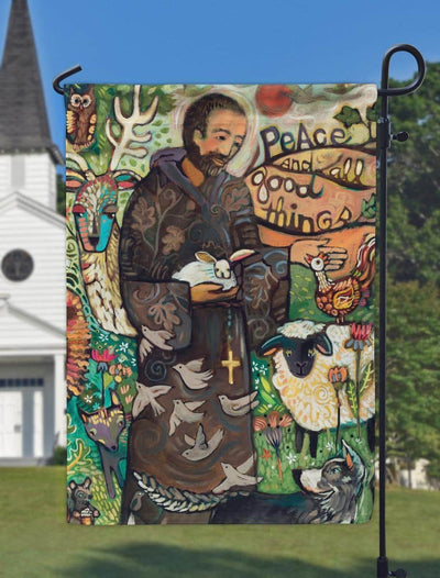 13x18 printed garden flag showing Saint Francis surrounded by birds and small animals in a peaceful outdoor scene, Catholic devotional design on weather-resistant fabric suitable for garden display.