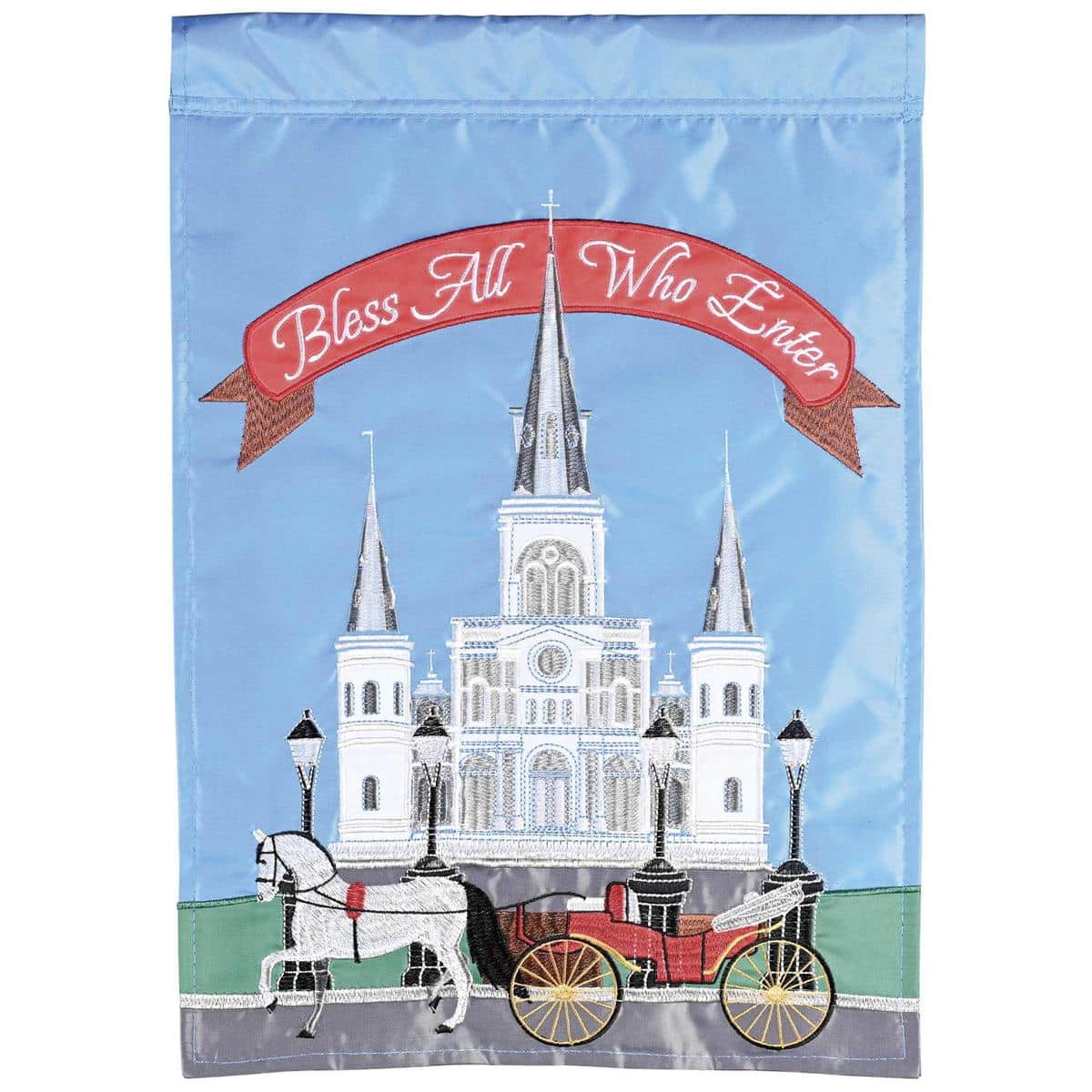 Main product image alt text describing the visual subject of the photograph in a concise and unique way from the meta description: Close-up of the St Louis Cathedral Bless All 29x42 double applique banner flag showing layered cathedral silhouette, applique details, and the "Bless All" script over a neutral background.