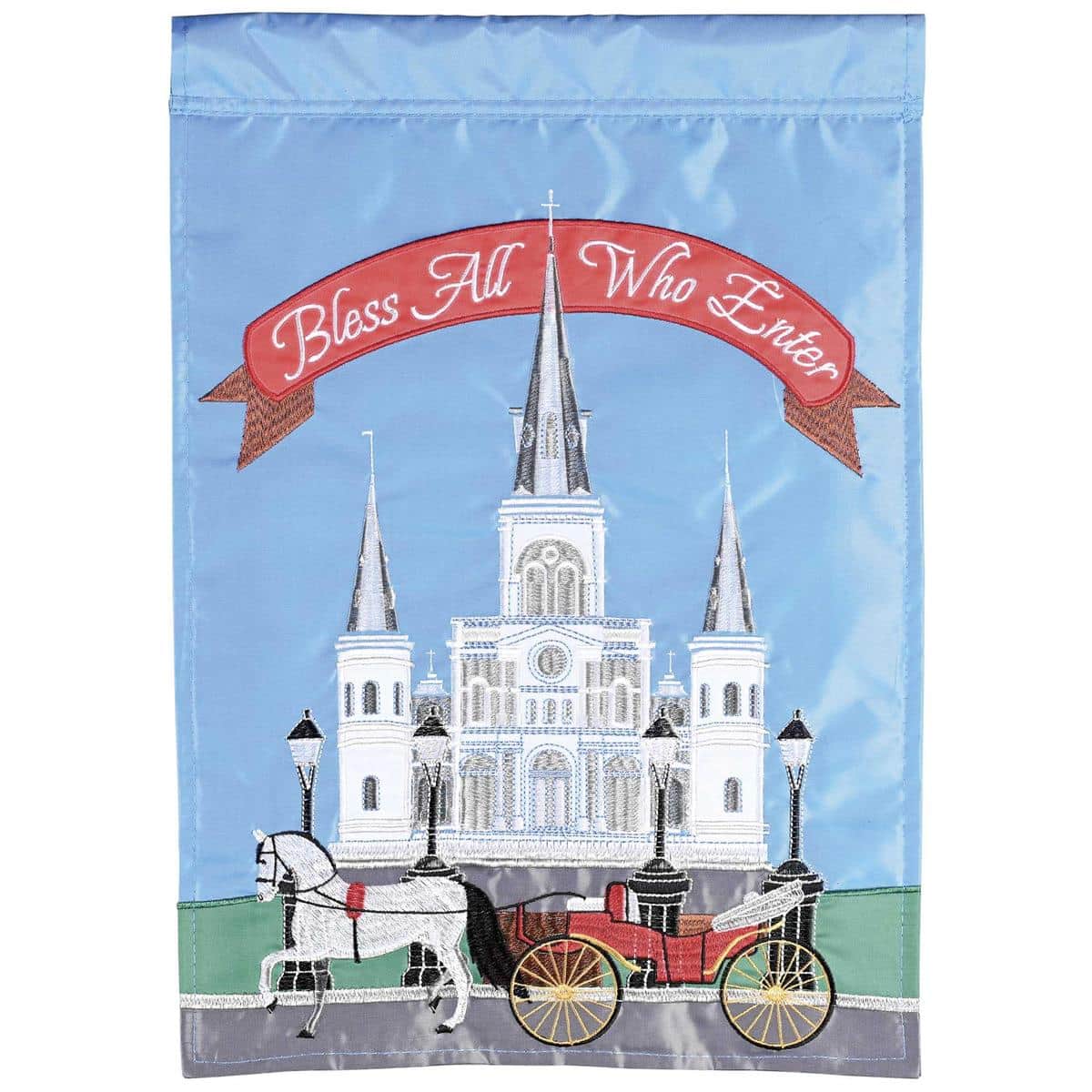 Double applique 13x18 St Louis Cathedral Bless All garden flag, two-sided design with cathedral artwork and welcome blessing, installed on a garden stand