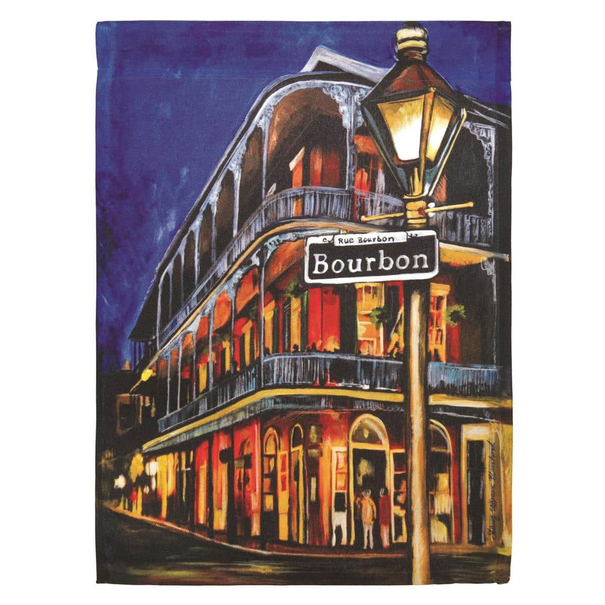 30x44 printed Street Car Bourbon Mardi Gras banner flag hanging from a porch pole, showing Festive Bourbon Street signage in purple green and gold on durable printed fabric with visible pole sleeve.