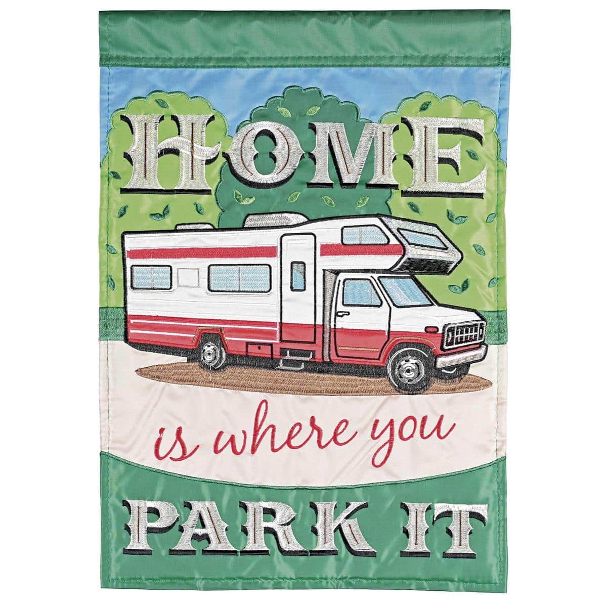 13x18 Summer Class C camper garden flag with double applique RV illustration, bright summer palette, reinforced sleeve for garden pole, made for porch and campsite displays