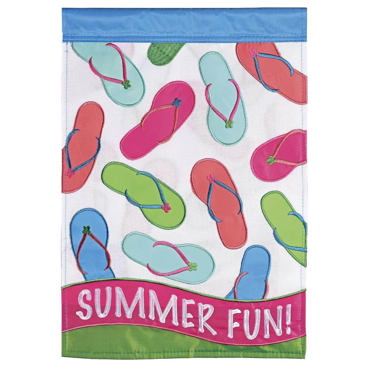 Alt text for the main product image: WaterfrontFlops 13x18 Summer Fun Flip Flops garden flag with double applique flip flop motifs in bright beach colors hanging on a small yard pole, ideal for patio and poolside decor