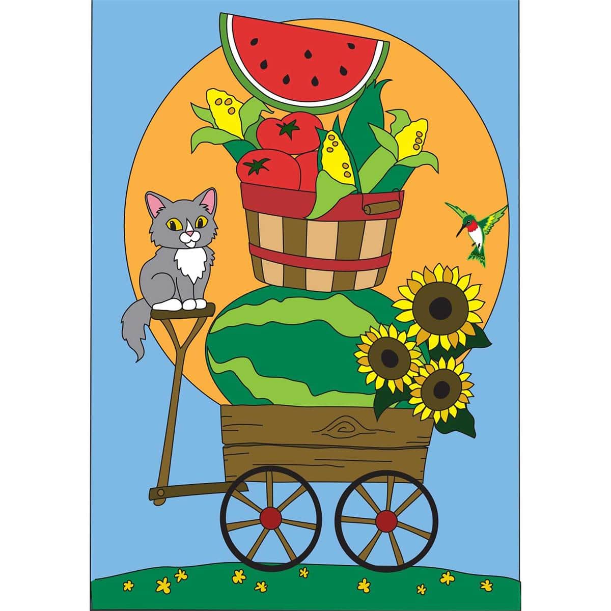 A colorful 29x42 Summer Wagon Banner Flag displayed on a porch flagpole showing a layered applique wagon filled with summer blooms and decorative accents, suitable for everyday outdoor decor.