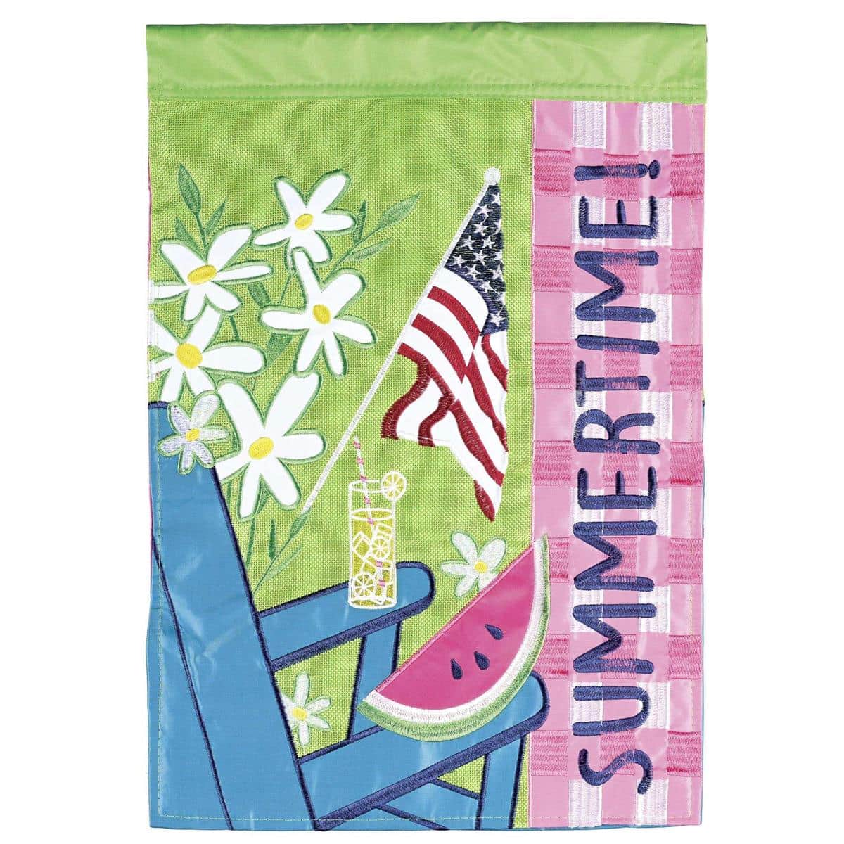 Close-up of 29x42 Summertime banner flag with double applique layers, bright summer palette, outdoor sleeve top, displayed on a porch garden pole.