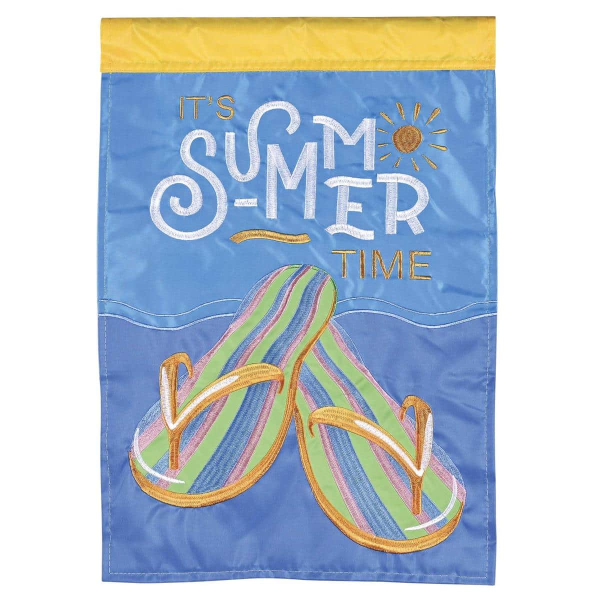 13x18 Summertime Flip Flops garden flag WaterfrontFlops double applique showing colorful flip flops, sun accents, and wave motifs in beach tones, suitable for hanging on a small garden pole or porch flag stand.