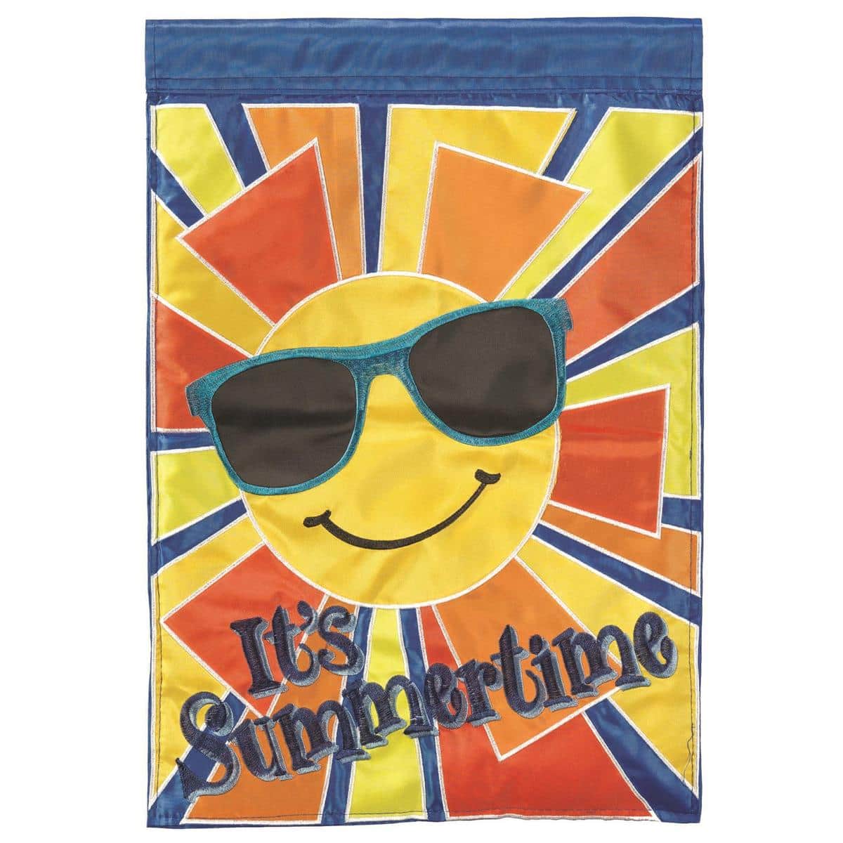 13x18 Sun Its Summertime double applique garden flag showing a bright sun motif and bold summer lettering on durable 300D polyester fabric, ready to display on a garden pole.