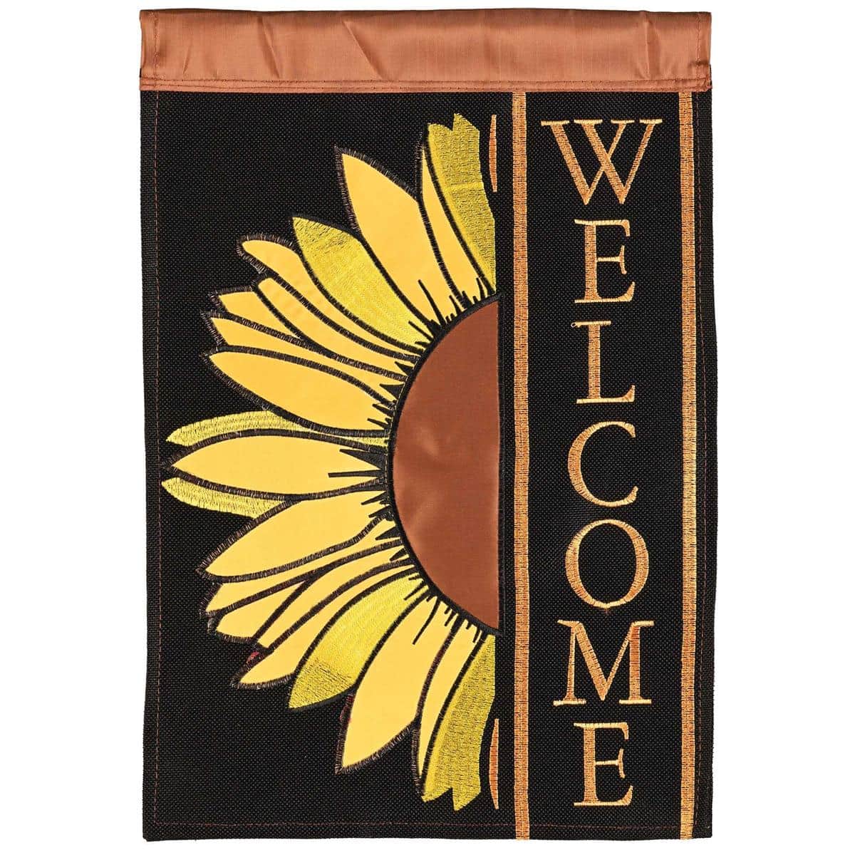 13x18 Sunflower Welcome garden flag double applique fall-themed floral porch flag showing bright sunflowers and 'Welcome' message for yard display