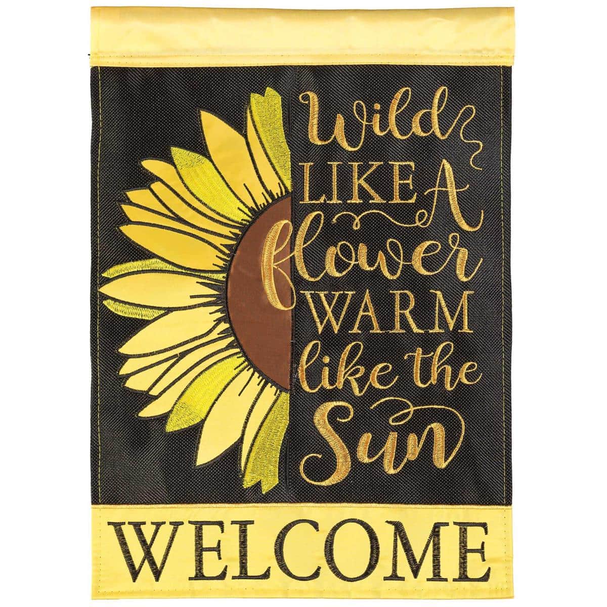 13x18 double applique garden flag showing bright sunflowers around the word Welcome in warm fall colors, displayed on a front porch flag bracket for seasonal decor and curb appeal.