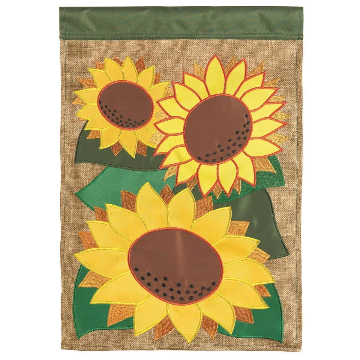 13x18 double applique Sunflowers garden flag in fall colors displayed on a metal garden flag stand beside a porch step with pumpkins and planters.