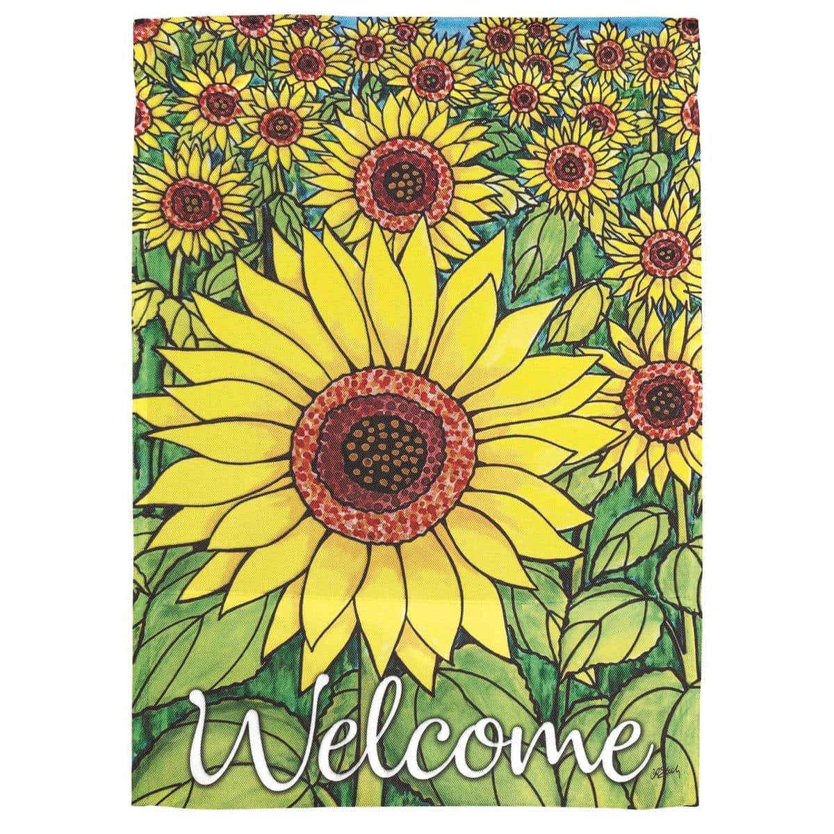 13x18 Sunflowers Garden Flag Fall-Sunflow printed design showing bright yellow sunflowers against a rustic autumn background displayed on a garden stake in a yard.