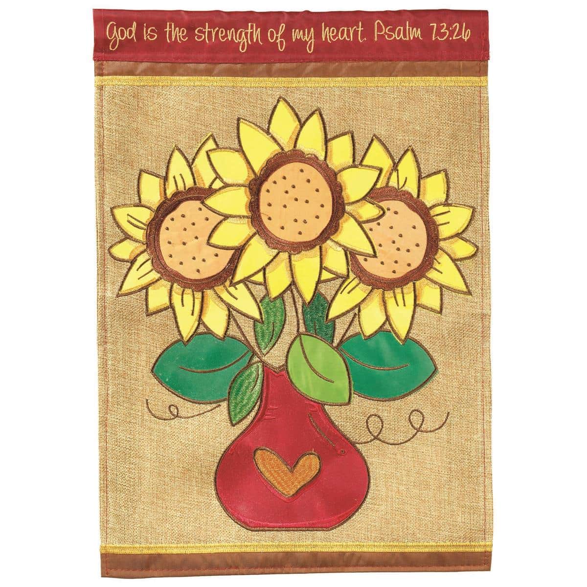 13x18 Sunflowers God Psalm 73:26 garden flag image showing InspireFlowr double applique sunflowers, raised scripture lettering, bright yellow floral design for faith-based outdoor display