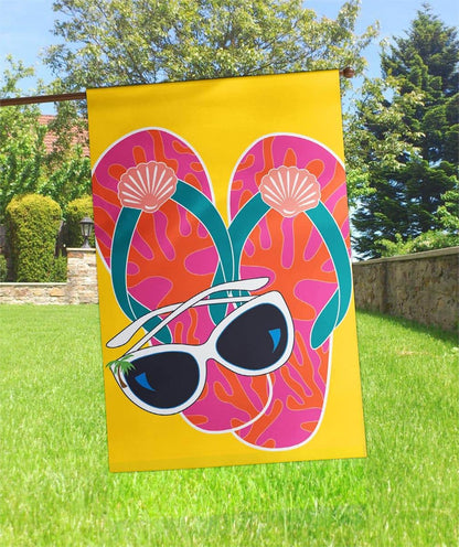 Beach banner flag with sunglasses and flip flops in layered double applique, 29x42 size, reversible two-sided coastal decor for porch, deck, or pool area.