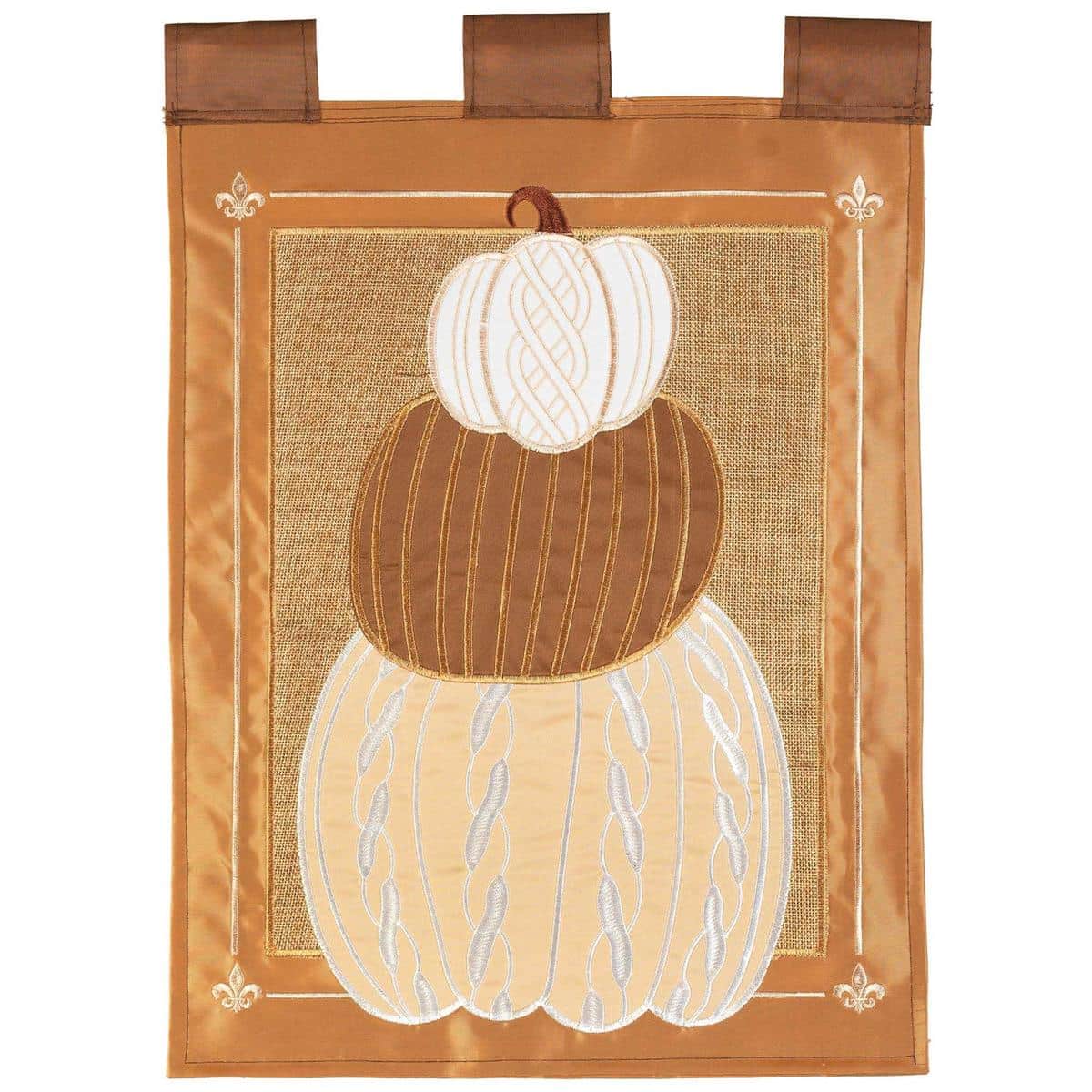 13x18 burlap garden flag showing stacked sweater-knit patterned pumpkins with double applique texture and muted fall color palette for porch display.
