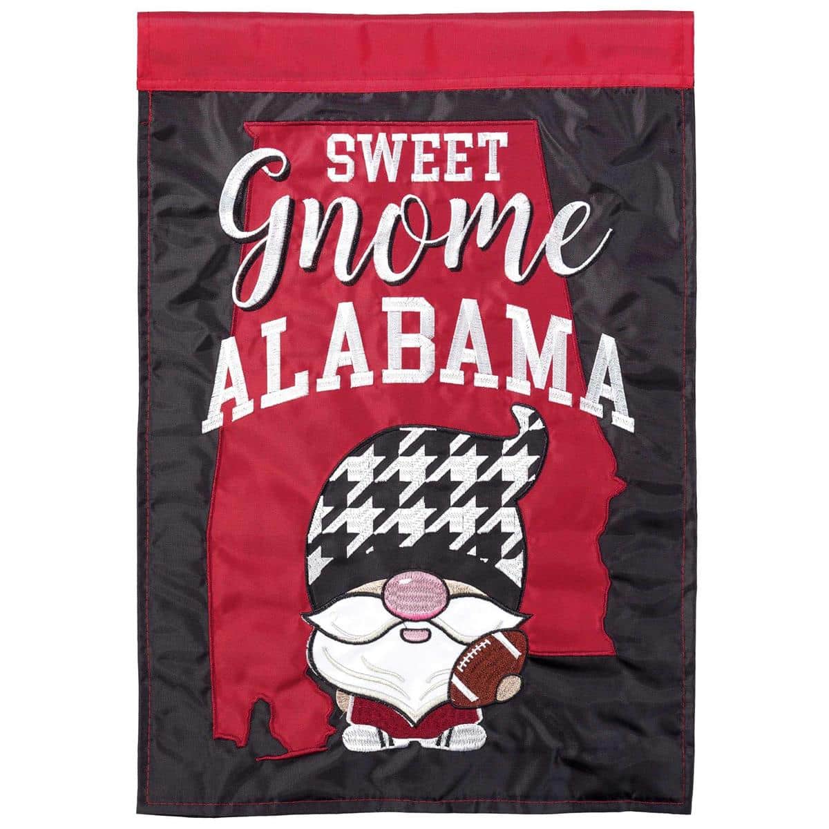 13x18 Sweet Gnome Alabama garden flag showing a layered double applique gnome with Alabama state motif and bright colors on a small pole for porch or garden display