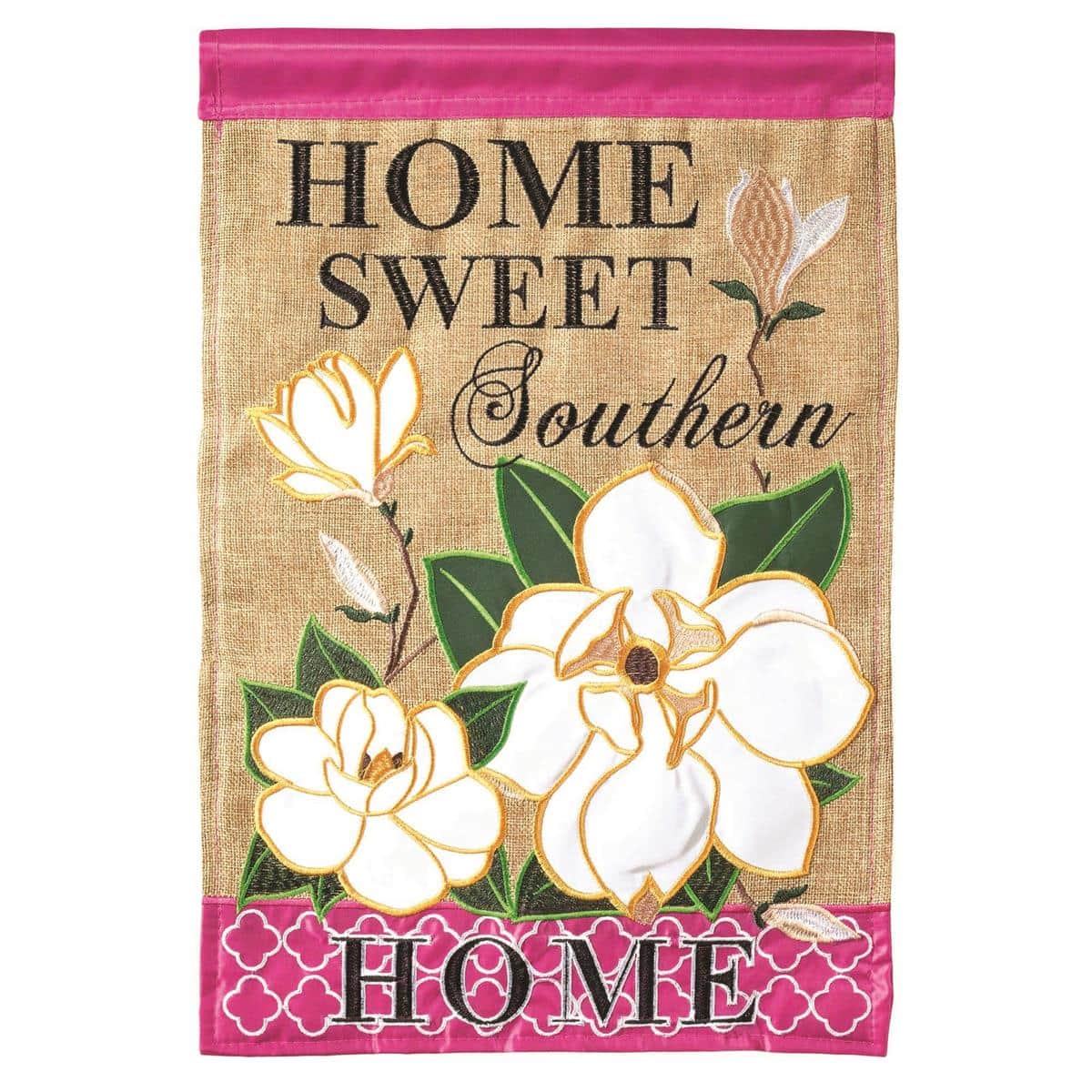 Layered double applique Sweet Home Southern 13x18 garden flag with embroidered details, two sided readability, and top sleeve on a standard yard flag stand