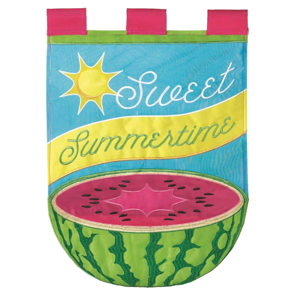 Main product image showing a small 13x18 Sweet Summertime Melon Garden Flag mounted on a standard garden pole, featuring layered applique melon slices, green leaves, and a summery color palette.