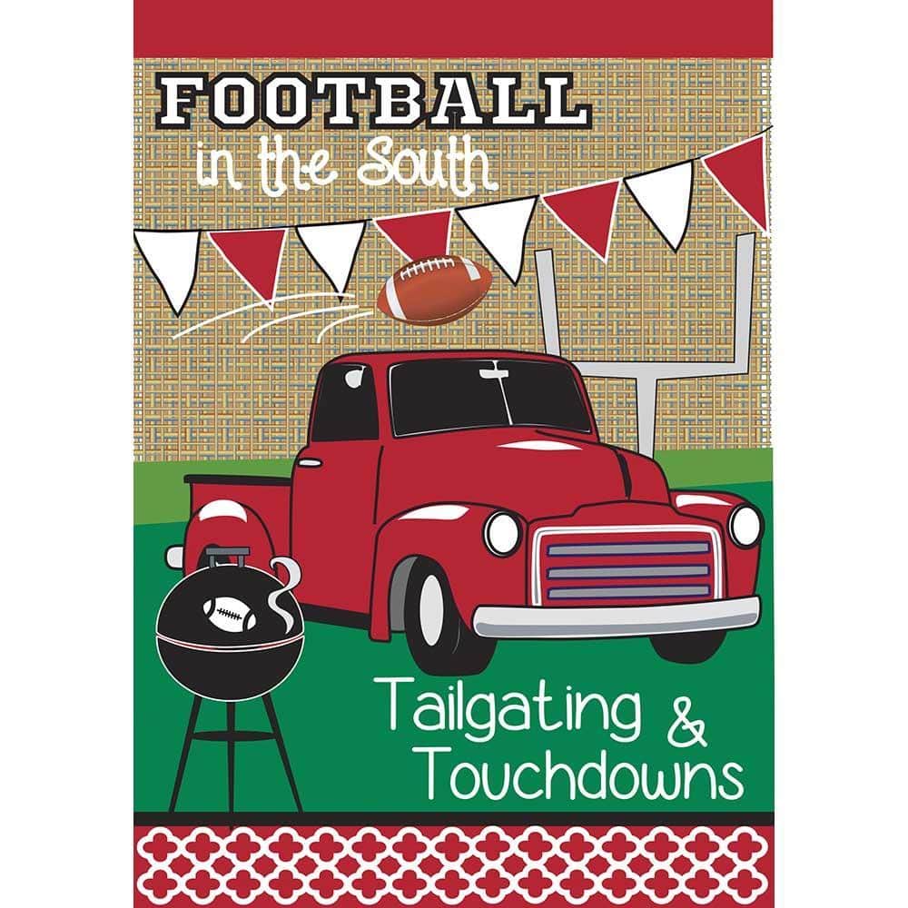 13x18 Tailgate burlap garden flag in red and white with double applique detailing on textured burlap, displayed on a small garden flag pole at a front porch setting for tailgate or sports decor.