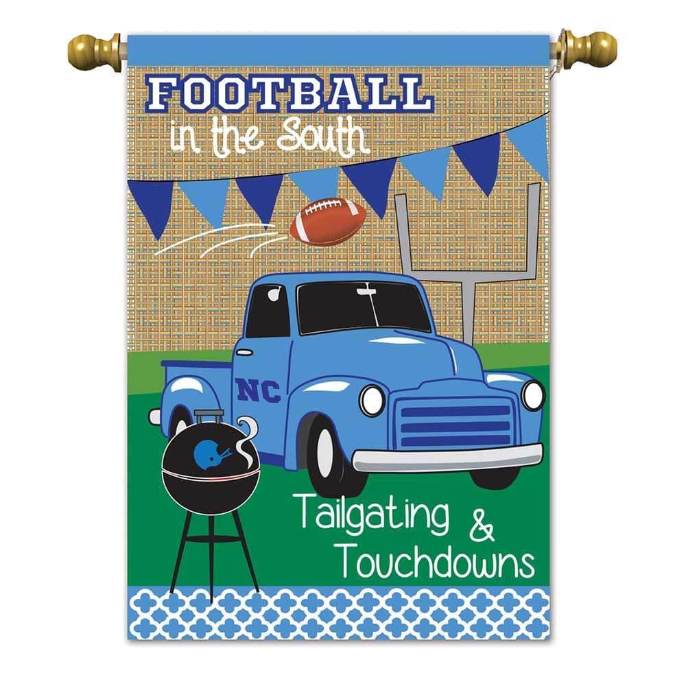 13x18 burlap garden flag showing NC Tarheels logo and double applique texture in navy and Carolina blue, ideal for tailgate, porch, yard, and campus displays.