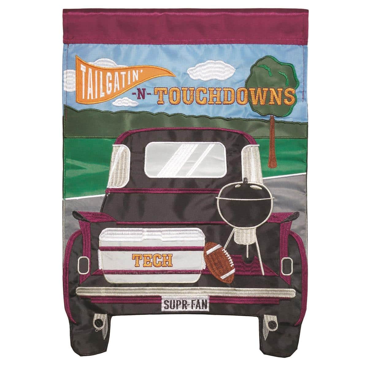 13x18 maroon Tailgate VA double applique garden flag with layered applique letters and stitched edges displayed on a short garden flag pole in a front yard setting.