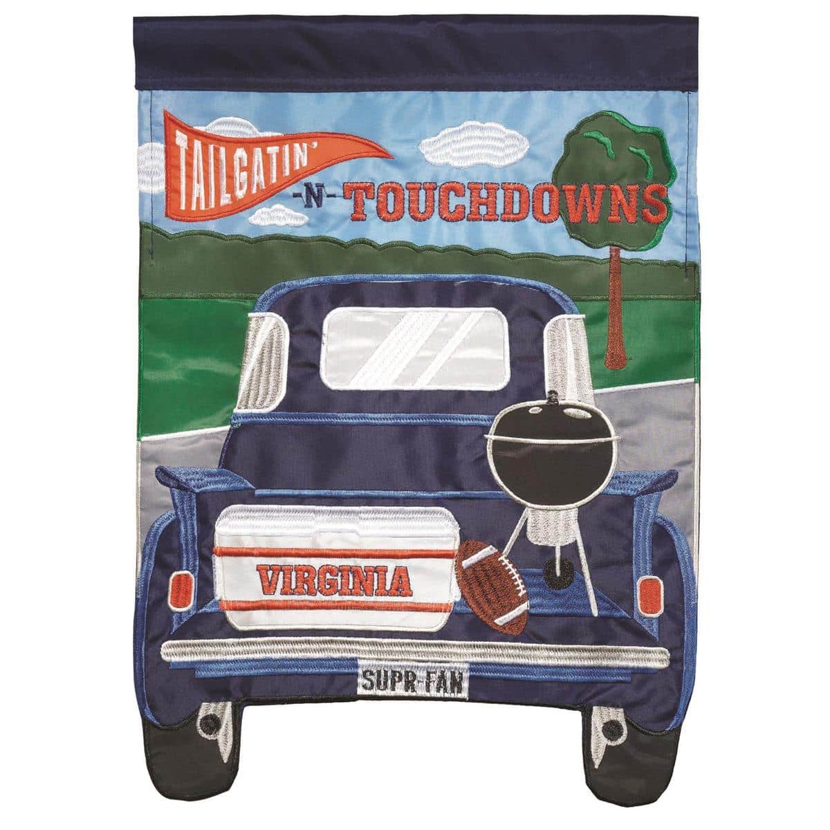 13x18 Tailgatin Virginia double applique garden flag showing bold team colors and stitched sports motif ideal for yard, porch, and tailgate display.