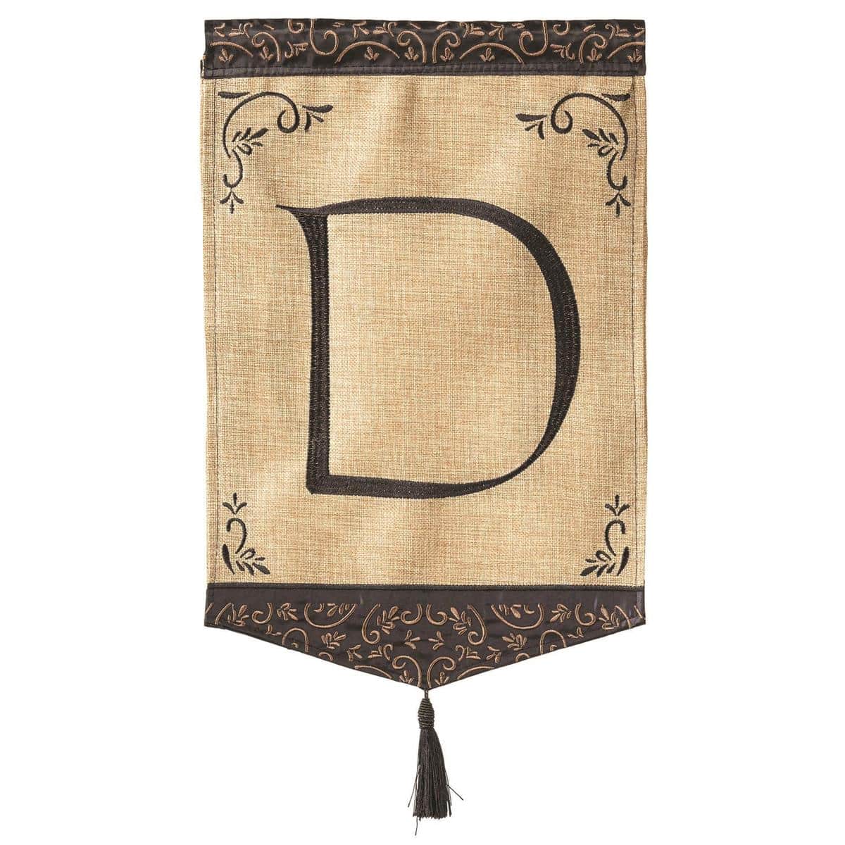 Rustic 13x18 garden flag with burlap texture, tassel accent, and bold letter D in double applique, readable on both sides, fits standard garden flag stands.