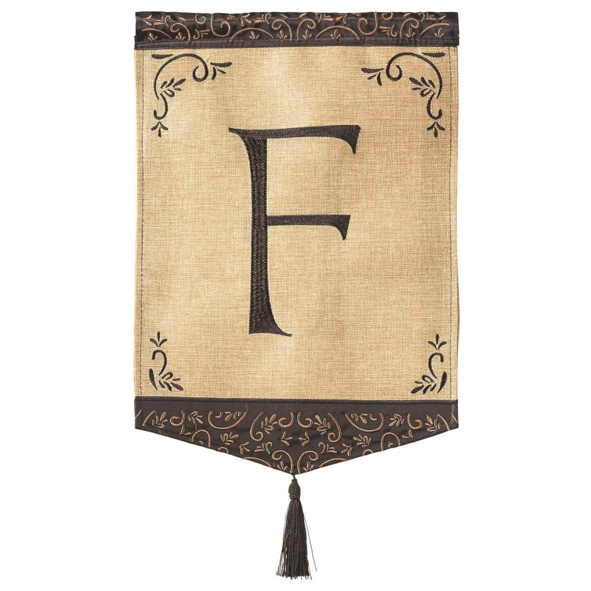 Close-up of 13x18 Tassel Burlap Monogram-F garden flag showing double applique monogram F, textured burlap-style background, decorative tassel and reinforced stitching.