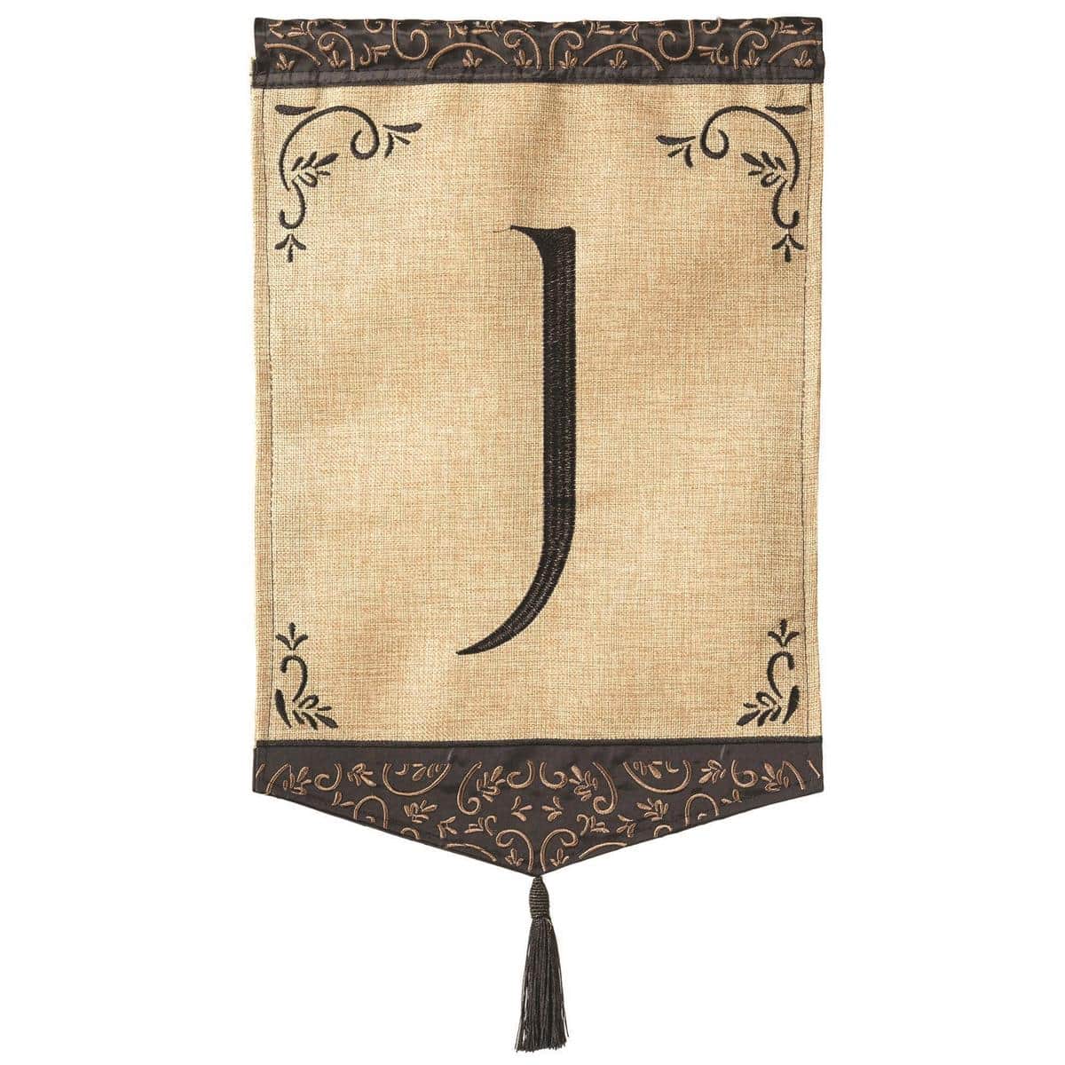 Alt text: 13x18 Tassel Burlap Monogram-J garden flag with double applique monogram, secure hem, and decorative tassel accent for porch or yard display in rustic farmhouse style.