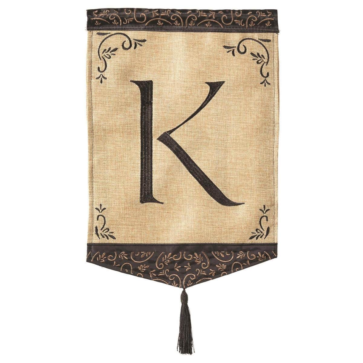 Small burlap garden flag with appliqued letter K, decorative tassel trim, and reinforced sleeve for 13x18 inch flag pole display.