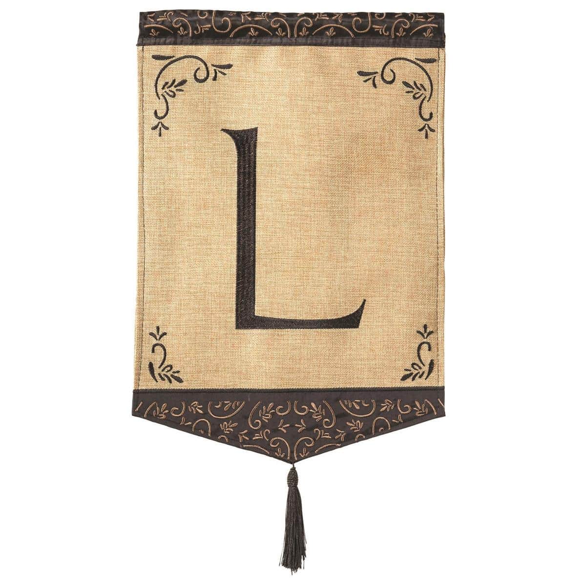 13x18 burlap garden flag featuring a bold applique letter L with layered stitching, a decorative tassel accent, reinforced pole sleeve and stitched edges for rustic farmhouse style display.