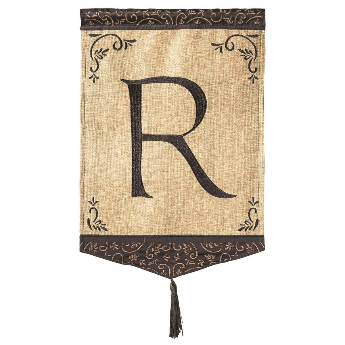 Tassel Burlap Monogram-R 13x18 garden flag showing the stitched monogram R in double applique on a burlap-textured background with a decorative tassel and reinforced sleeve for a standard garden pole.