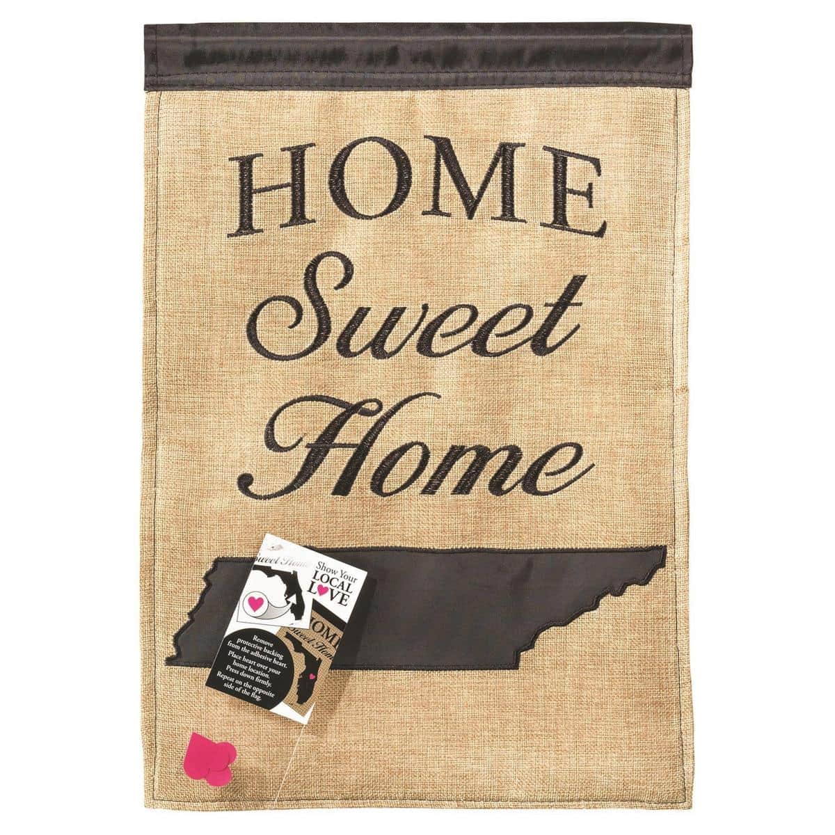 13x18 Tennessee burlap garden flag with double applique, rustic texture, layered stitching, state-inspired artwork, and a top-sleeve for most garden flag stands