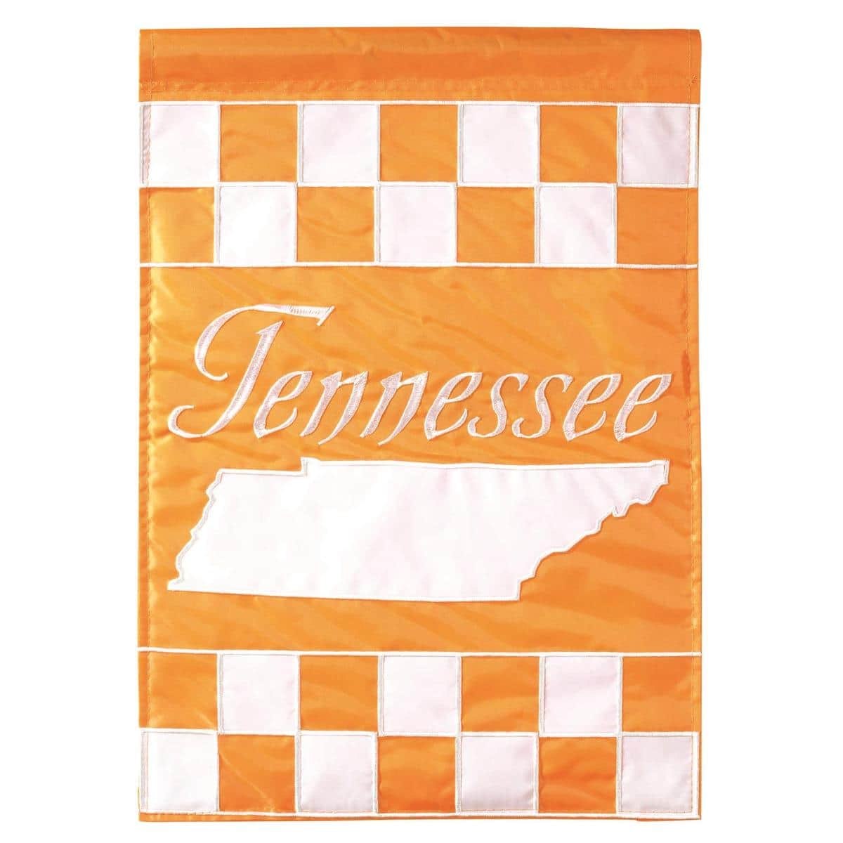 Close-up photo of a 13x18 Tennessee Checkerboard garden flag double applique showing red and white checkerboard pattern, reinforced pole sleeve, stitched applique edges, and textured fabric finish.