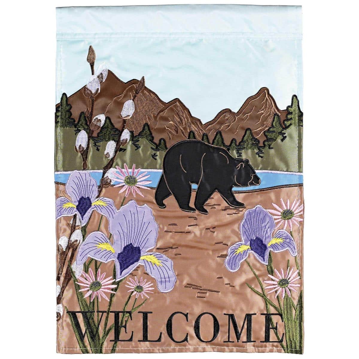 13x18 Tennessee garden flag featuring a double applique black bear, rustic Welcome text, and textured layered fabrics displayed against a neutral outdoor background for porch or garden use.