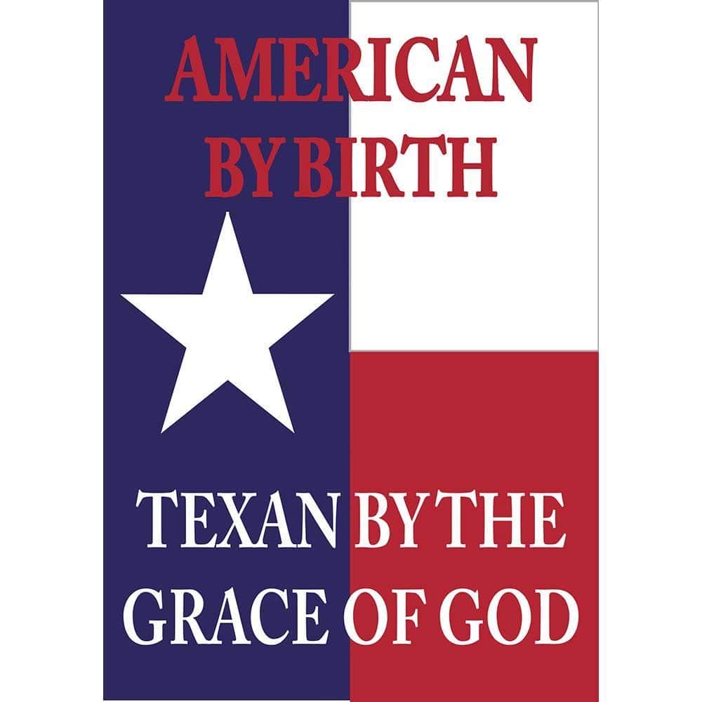 29x42 double applique house banner reading Texan By Grace Of God, two sided and outdoor ready, vivid layered stitching adds depth, shown hanging on a front porch.