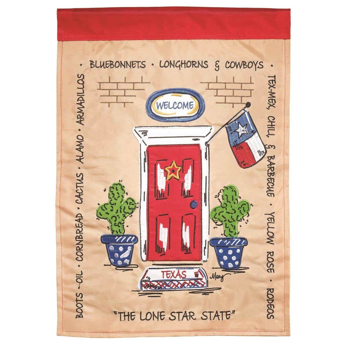 13x18 Texas garden flag with raised double applique Lone Star and bluebonnets displayed on a porch flag pole, showing texture and stitch detail.