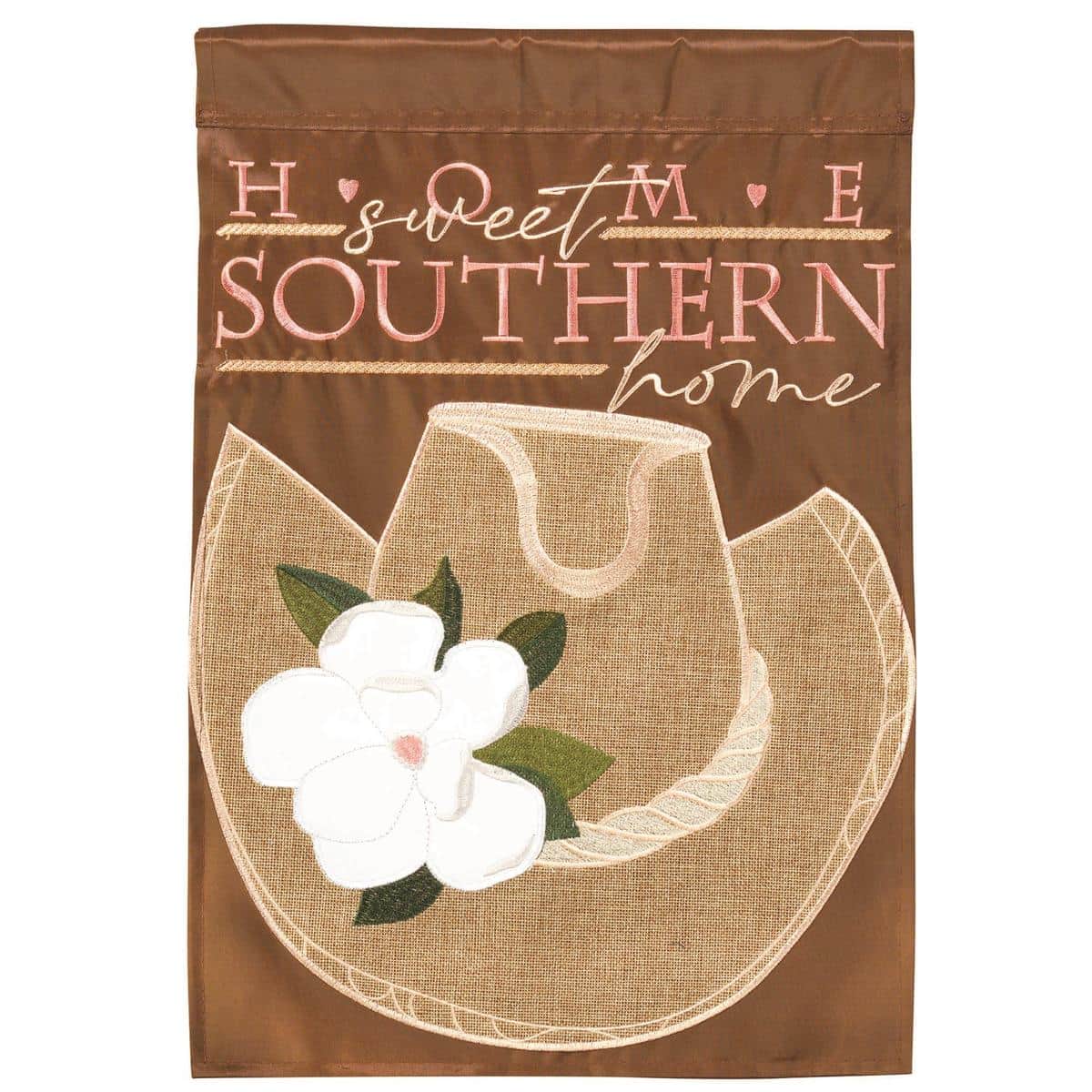 29x42 Texas Hat Magnolia Burlap Banner Flag with layered magnolia blossoms and cowboy hat applique on rustic burlap-look fabric, sized for standard porch and garden display poles, showing detailed stitching and textured finish suitable for Southern, farmhouse, and floral outdoor styling.