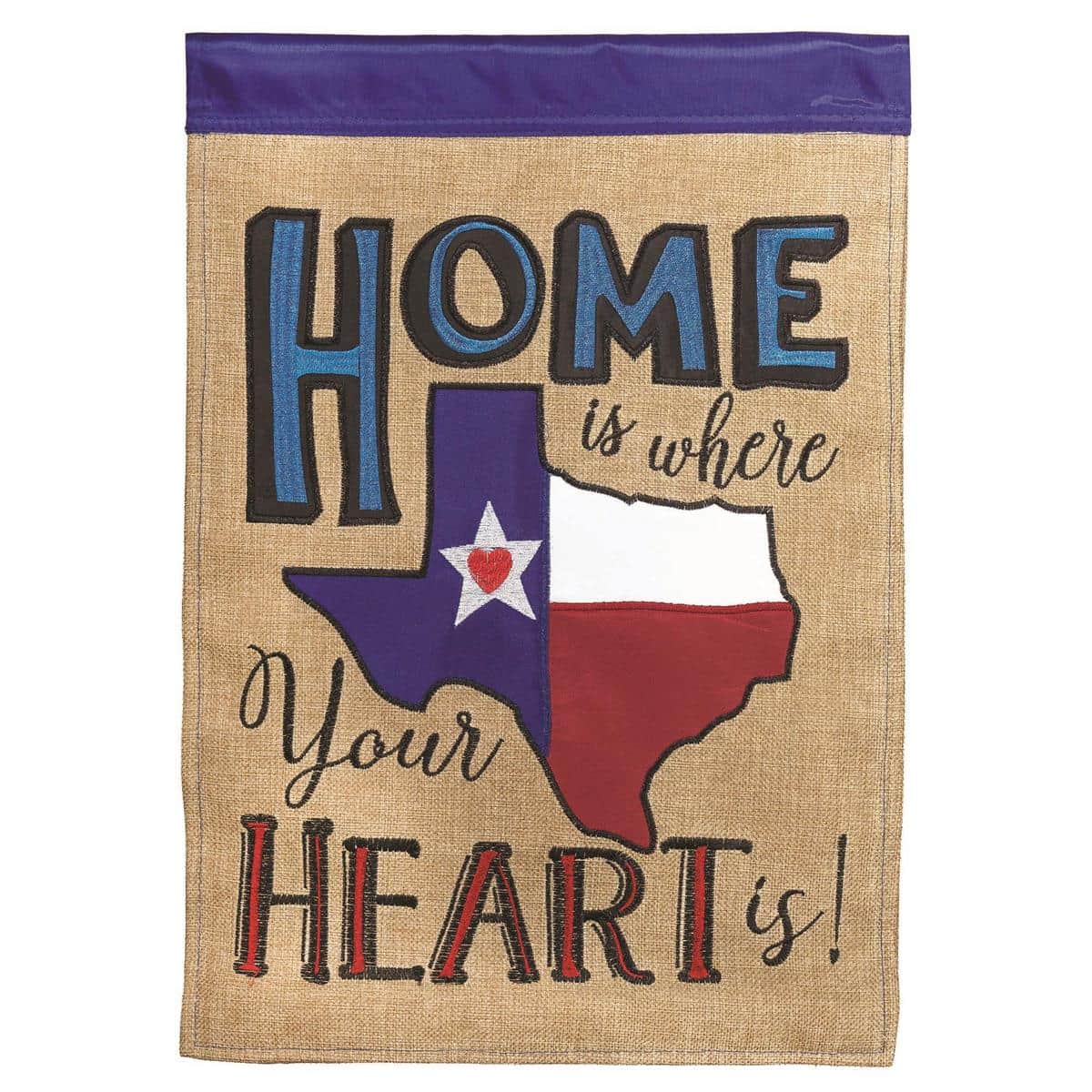 Alt text for the main product image (must be unique vs the meta description) 13x18 Texas Heart double applique garden flag with layered heart motif and Lone Star-inspired detail, shown hanging from a small garden flag pole on a porch.