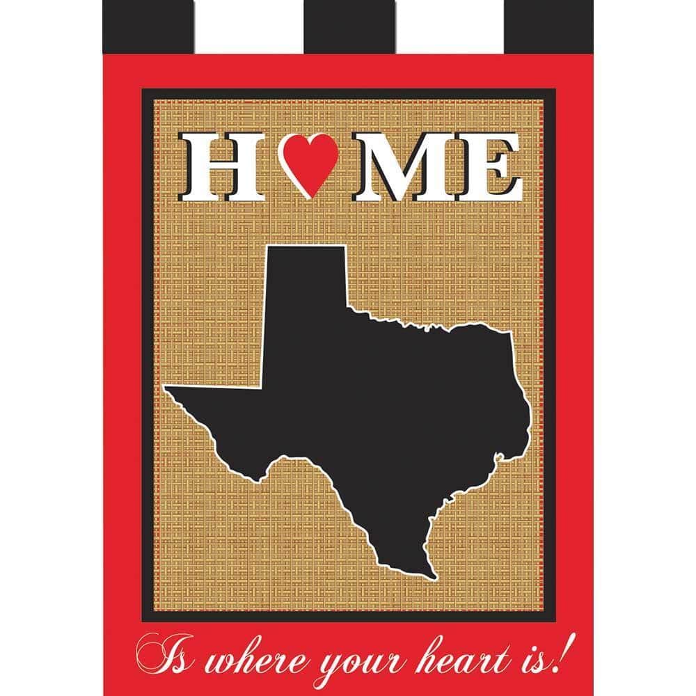 Black and red 13x18 Texas Home garden flag with double applique Lone Star and welcoming text displayed on a porch stand, showing layered fabric texture and bold state pride for small outdoor spaces.
